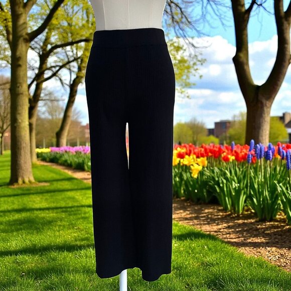 Cyrus Pants - Cyrus Black Ribbed Knit Wide Leg Pants Womens M Pull On Cropped Stretch Lounge